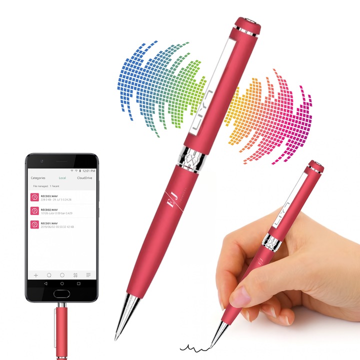 Pix cu reportofon spion integrat, EJ Products, D3191, 32GB memorie interna, autonomie 10 ore, raza 15m, microfon 360°, Type-C/Lightning, functie MP3 player, design elegant si discret, rosu