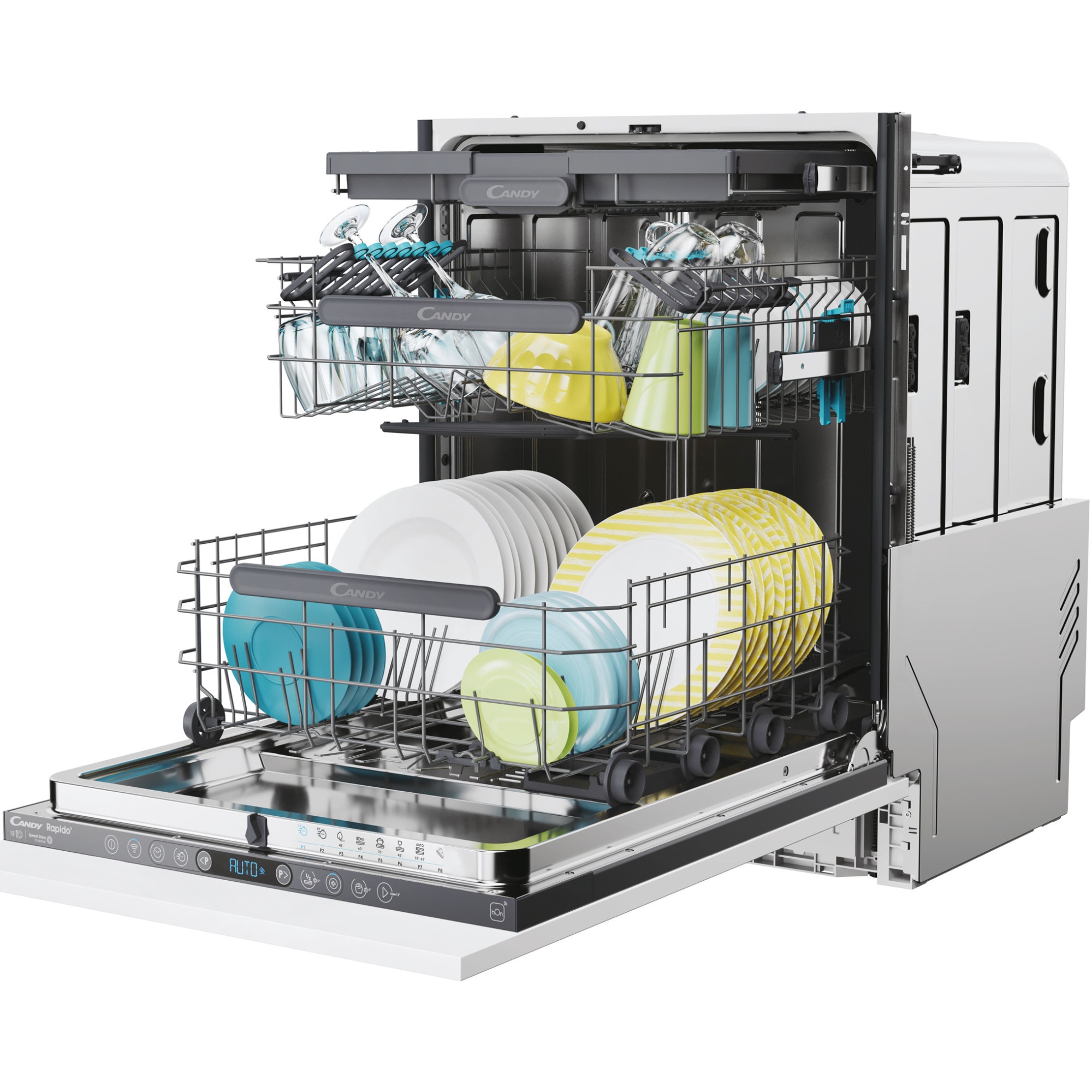 Masina de spalat vase incorporabila Candy Rapido CS 5C4F1A, 15 seturi, 8 programe, Clasa C, 3 cosuri, WiFi, Wash & Dry 35', Motor Speed-Drive Inverter , Automatic Open Door, MaxiTub, Aquastop, 60 cm