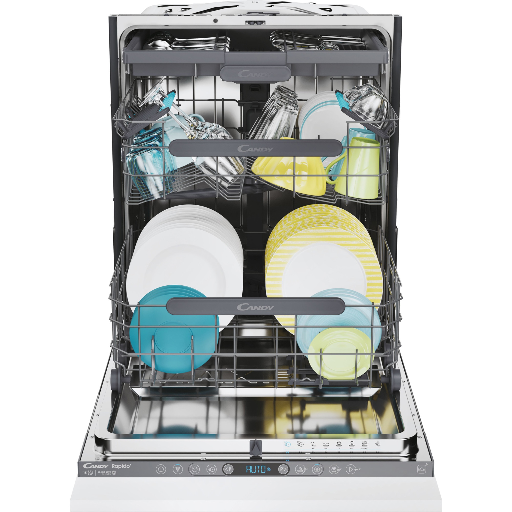 Masina de spalat vase incorporabila Candy Rapido CS 5C4F1A, 15 seturi, 8 programe, Clasa C, 3 cosuri, WiFi, Wash & Dry 35', Motor Speed-Drive Inverter , Automatic Open Door, MaxiTub, Aquastop, 60 cm