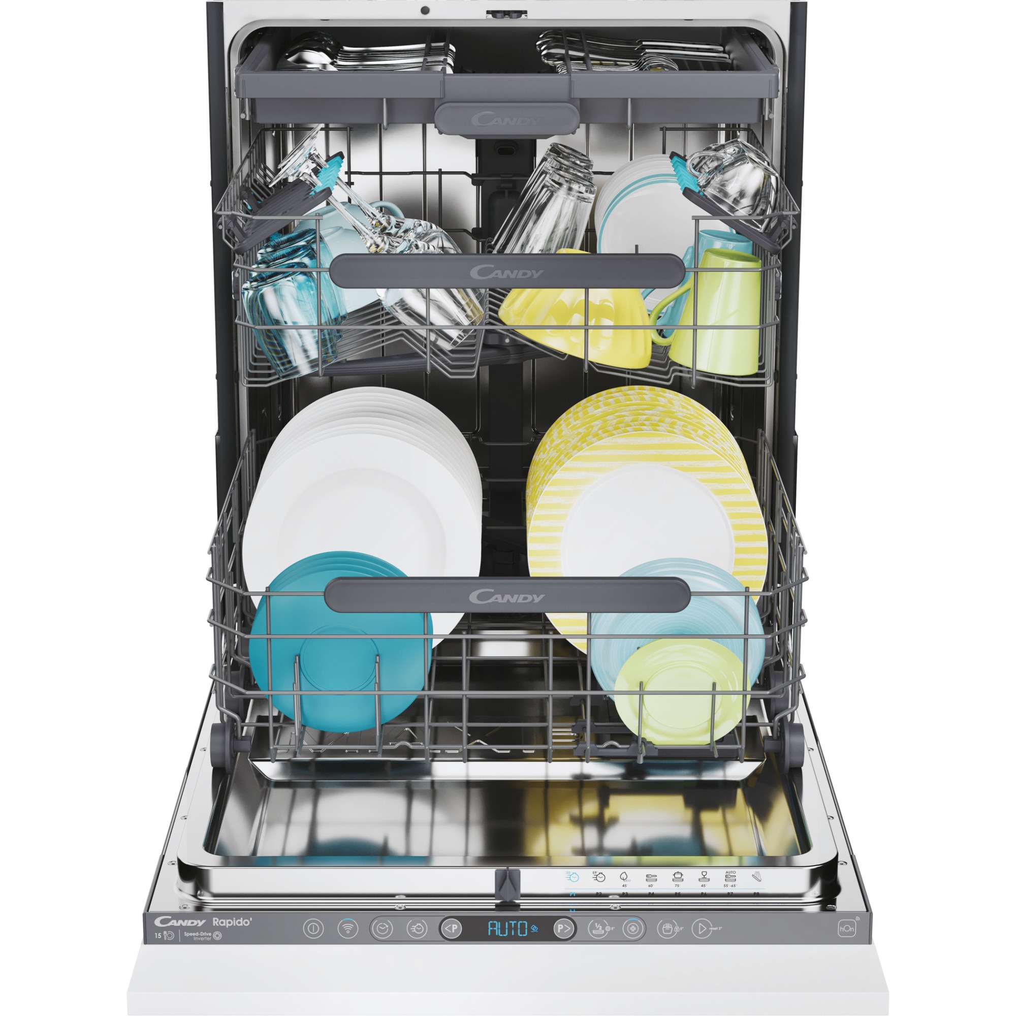 Masina de spalat vase incorporabila Candy Rapido CS 5C4F1A, 15 seturi, 8 programe, Clasa C, 3 cosuri, WiFi, Wash & Dry 35', Motor Speed-Drive Inverter , Automatic Open Door, MaxiTub, Aquastop, 60 cm