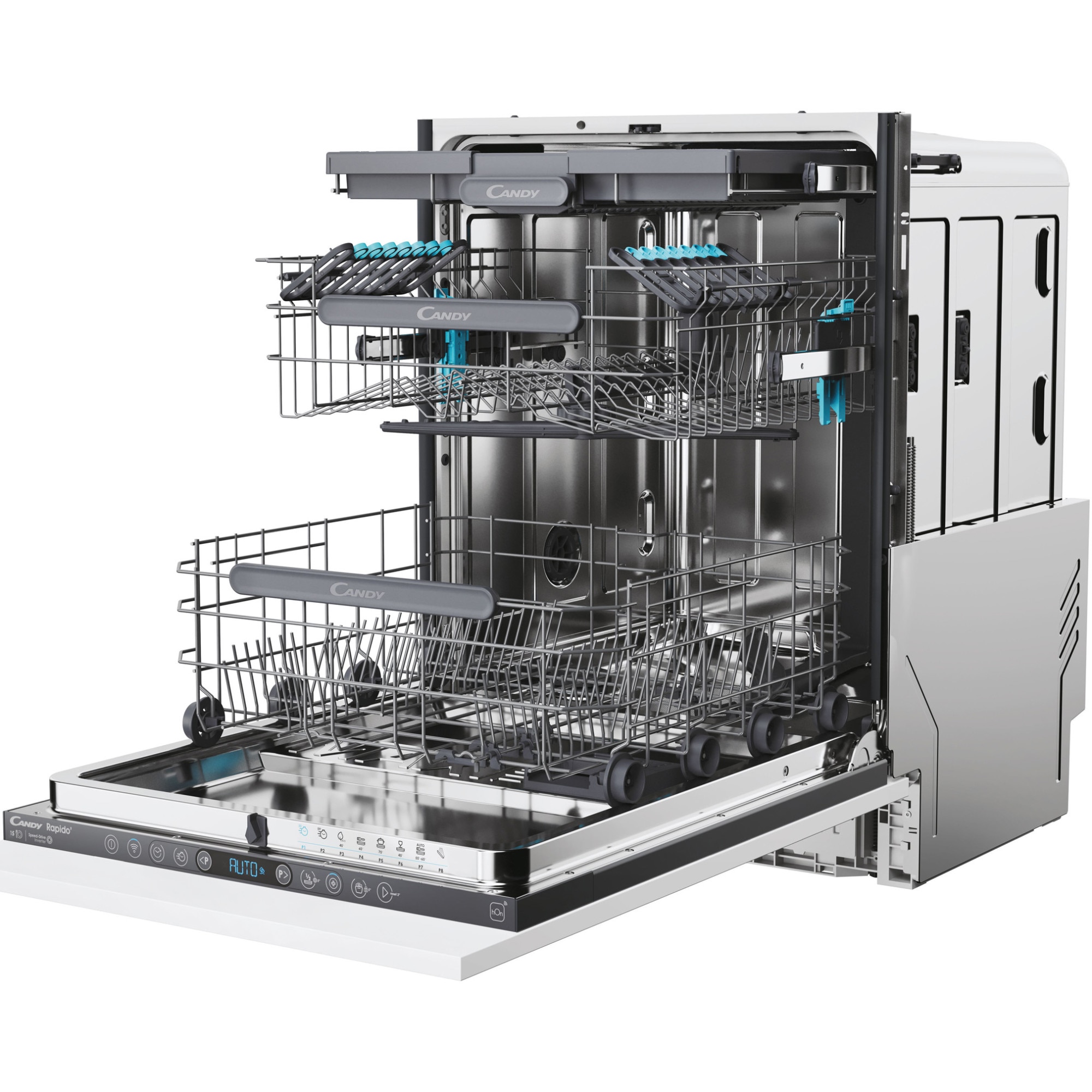 Masina de spalat vase incorporabila Candy Rapido CS 5C4F1A, 15 seturi, 8 programe, Clasa C, 3 cosuri, WiFi, Wash & Dry 35', Motor Speed-Drive Inverter , Automatic Open Door, MaxiTub, Aquastop, 60 cm