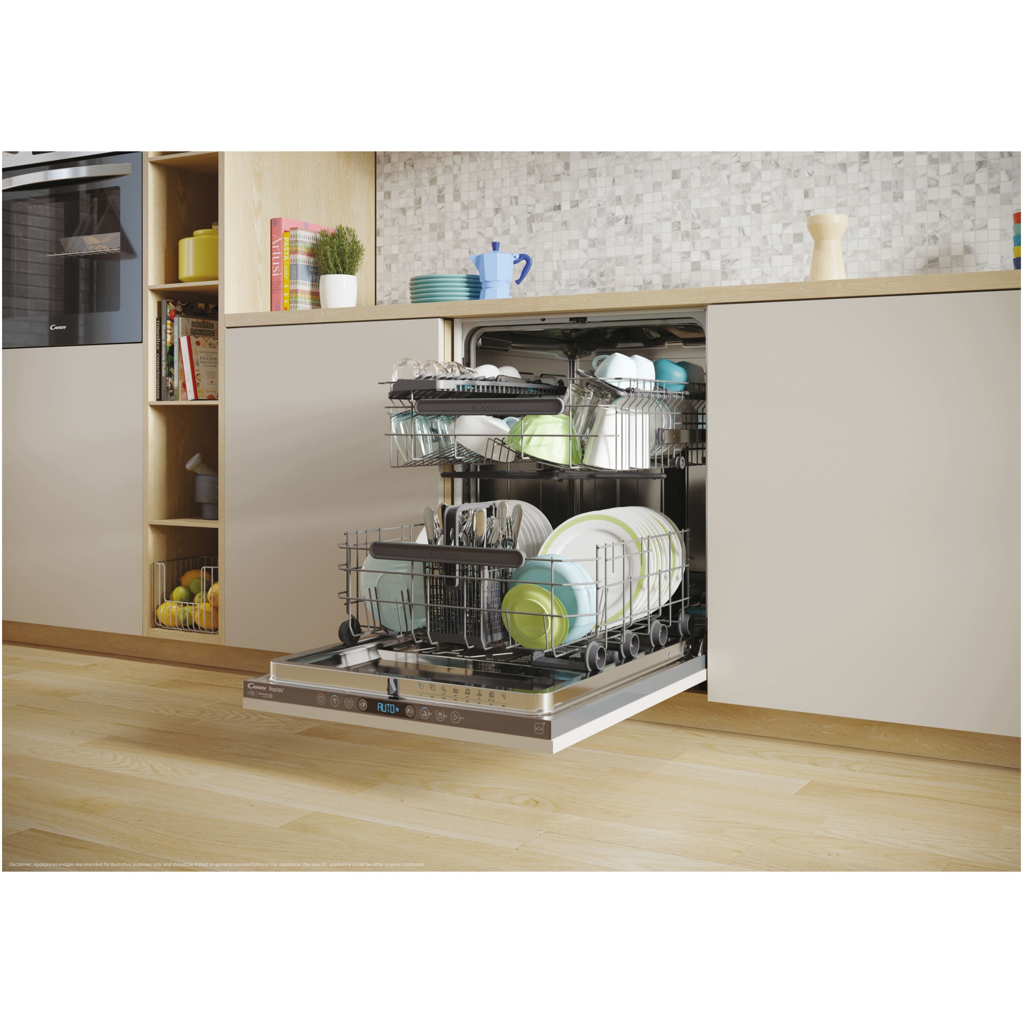 Masina de spalat vase incorporabila Candy Rapido CI 4C6F0PA, 14 seturi, 8 programe, Clasa C, WiFi, Wash & Dry 35', Motor Speed-Drive Inverter , Automatic Open Door, MaxiTub, Power Wash, Aquastop, 60 cm