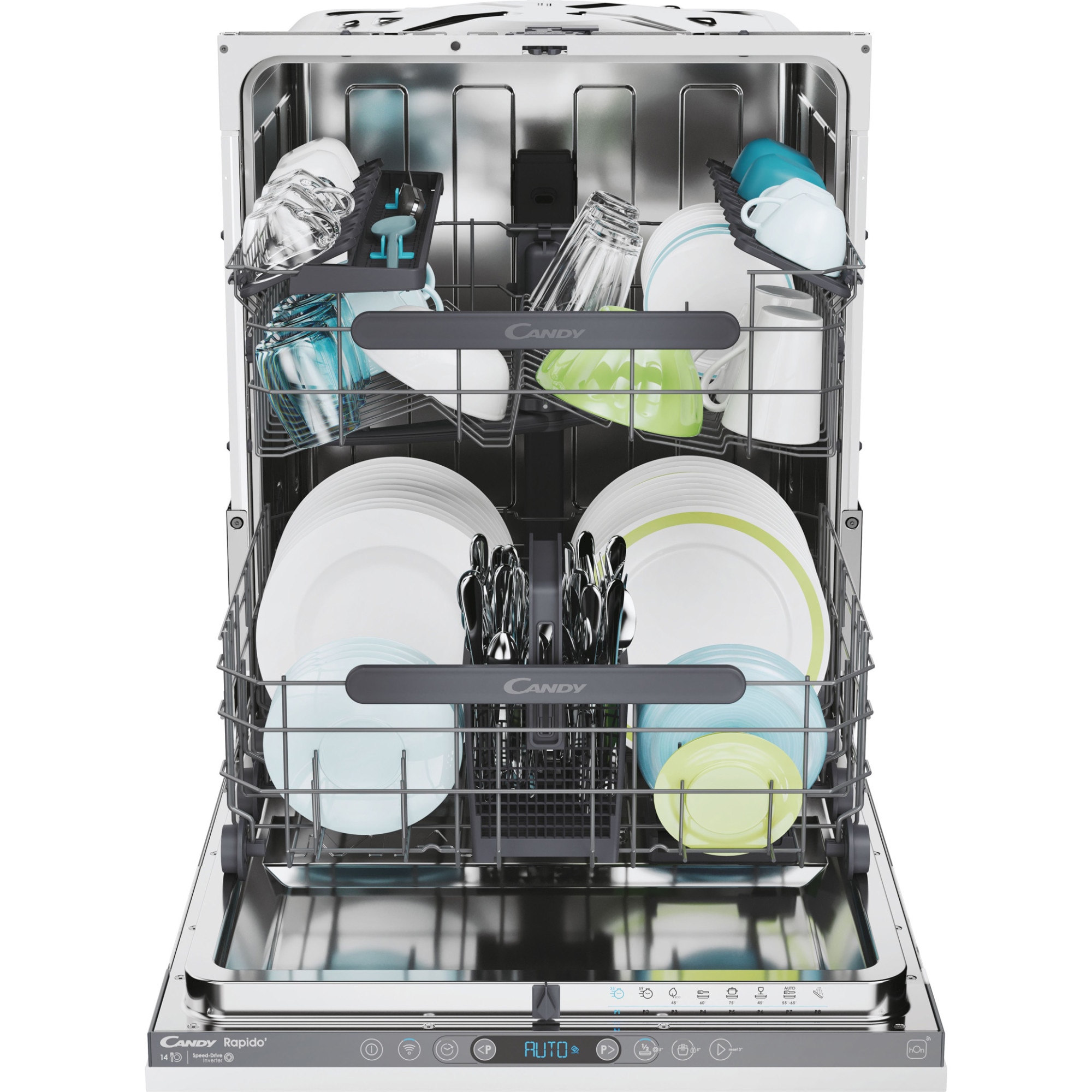 Masina de spalat vase incorporabila Candy Rapido CI 4C6F0PA, 14 seturi, 8 programe, Clasa C, WiFi, Wash & Dry 35', Motor Speed-Drive Inverter , Automatic Open Door, MaxiTub, Power Wash, Aquastop, 60 cm