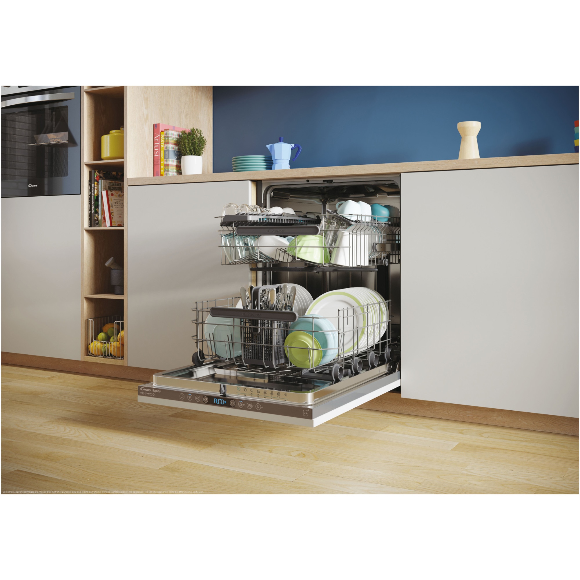 Masina de spalat vase incorporabila Candy Rapido CI 4C6F0PA, 14 seturi, 8 programe, Clasa C, WiFi, Wash & Dry 35', Motor Speed-Drive Inverter , Automatic Open Door, MaxiTub, Power Wash, Aquastop, 60 cm
