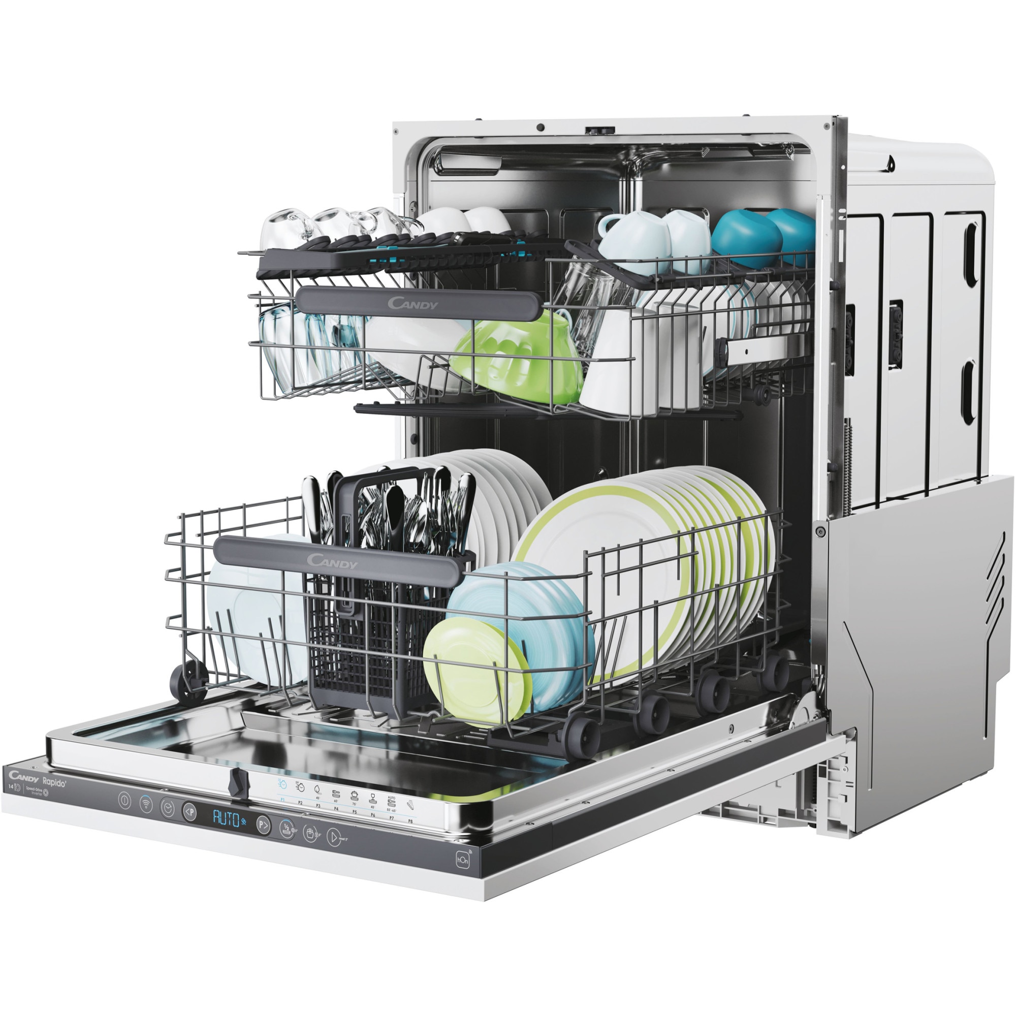 Masina de spalat vase incorporabila Candy Rapido CI 4C6F0PA, 14 seturi, 8 programe, Clasa C, WiFi, Wash & Dry 35', Motor Speed-Drive Inverter , Automatic Open Door, MaxiTub, Power Wash, Aquastop, 60 cm