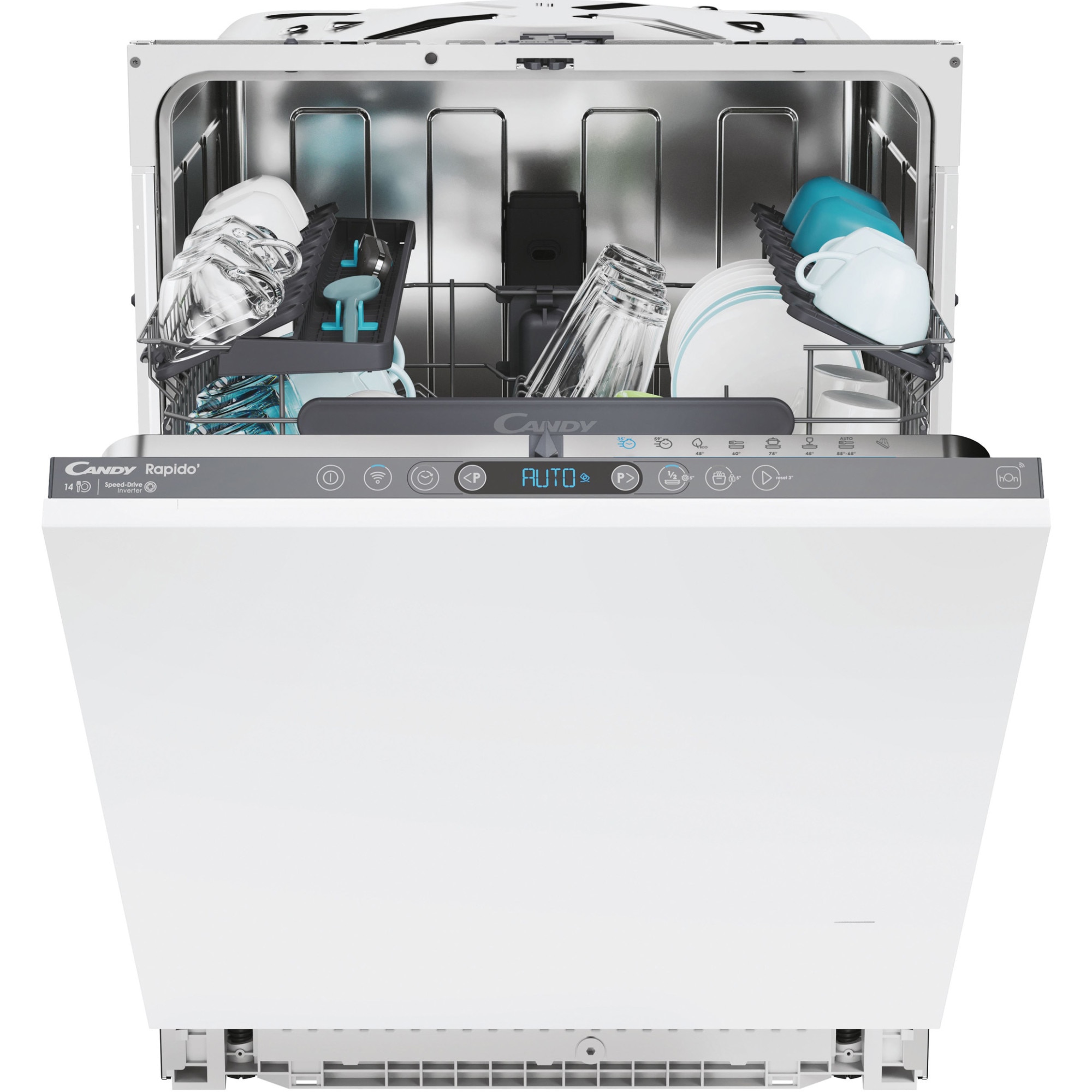Masina de spalat vase incorporabila Candy Rapido CI 4C6F0PA, 14 seturi, 8 programe, Clasa C, WiFi, Wash & Dry 35', Motor Speed-Drive Inverter , Automatic Open Door, MaxiTub, Power Wash, Aquastop, 60 cm