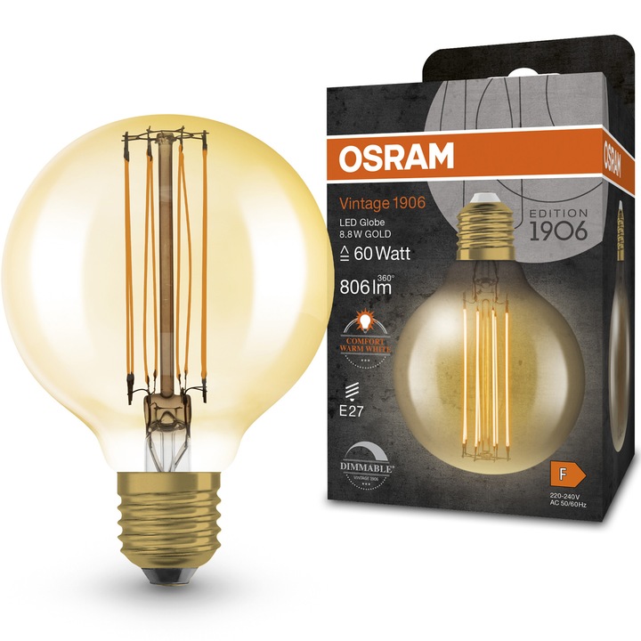 Bec LED vintage (decorativ) Osram 1906 Gold, E27, 8.8W (60W), 806 lm, dimabil, lumina calda (2200K), clasa energetica F