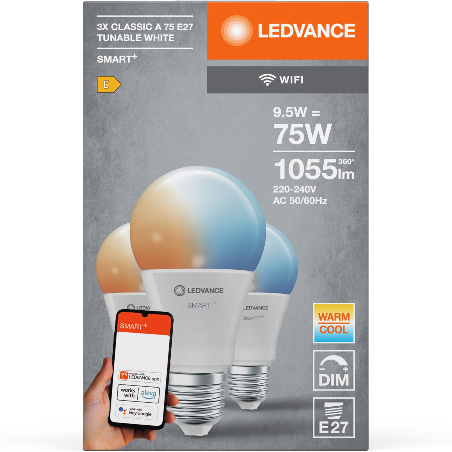 Комплект 3 смарт LED крушки Ledvance SMART+ WiFi, A75, E27, 9.5W (75W ...