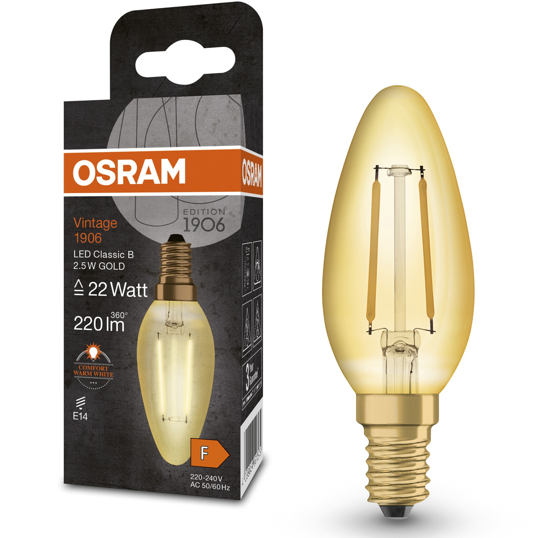 Bec LED vintage (decorativ) Osram 1906 Gold, E14, 2.5W (22W), 220 lm, dimabil, lumina calda (2400K), clasa energetica F