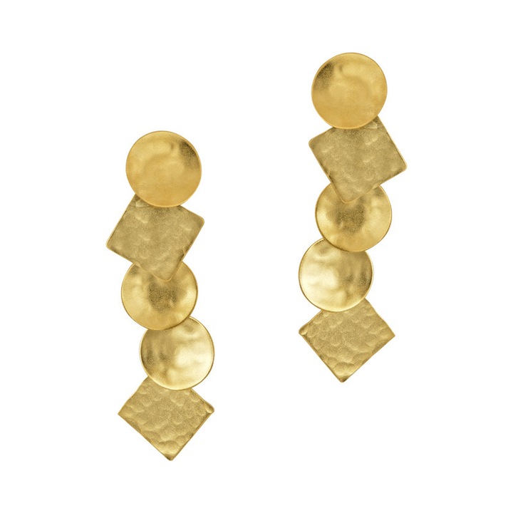 Cercei lucrati manual cu cercuri si romburi, Bronz, Auriu