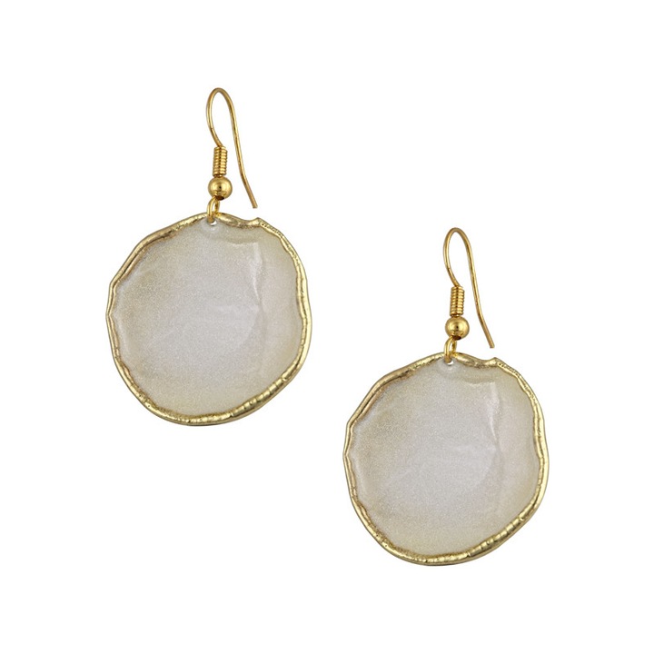 Cercei rotunzi lucrati manual, Bronz/Email, Alb