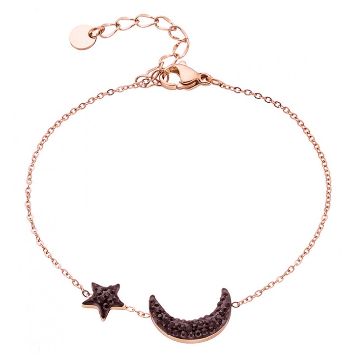 Bratara dama model stea si luna cu cristale, Inox, Auriu roz