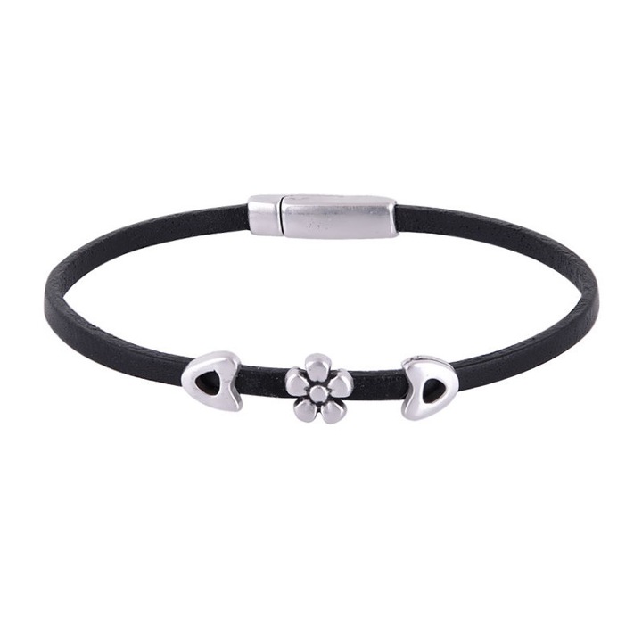 Bratara dama, Model floare, Bronz/Piele, Negru/Argintiu