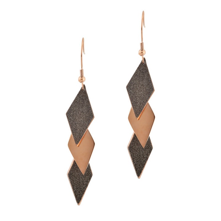 Cercei dama, Model romburi, Otel inoxidabil, Auriu roz/Negru