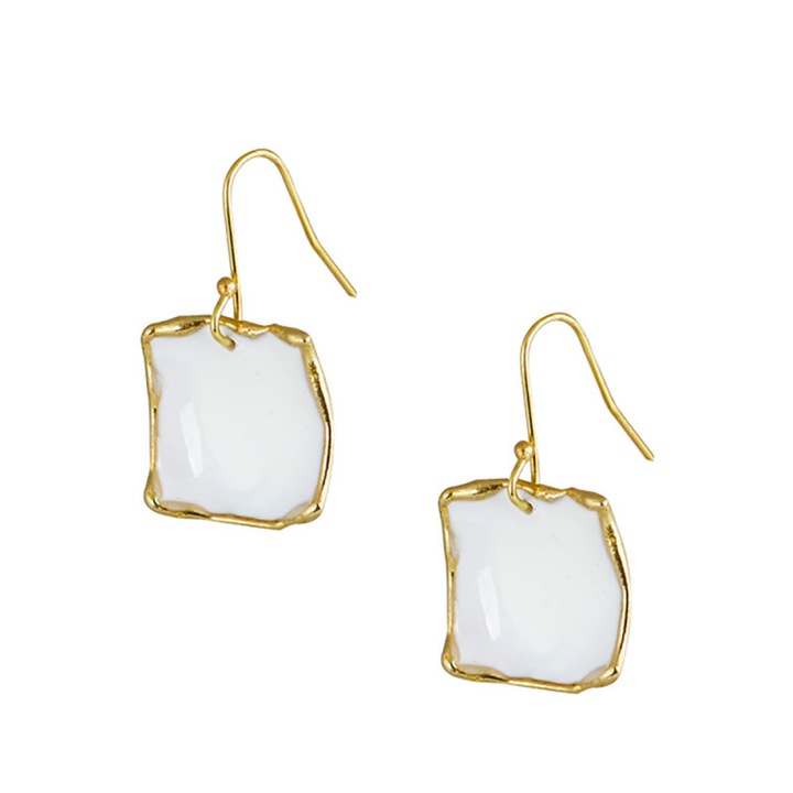 Cercei patrati dama, Bronz/Email, Auriu/Alb