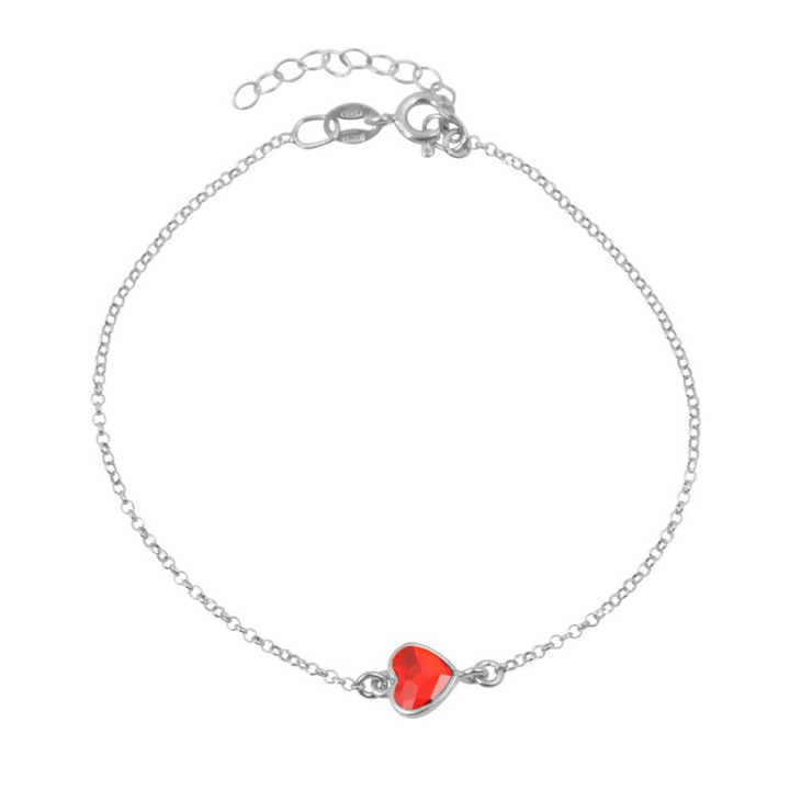 Bratara dama, Model inima, Argint 925, Cristal, Argintiu/Rosu