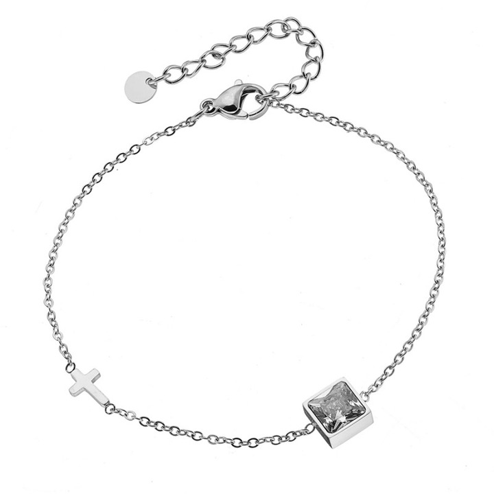 Bratara cu cruce pentru femei, Otel/Cristal, Argintiu
