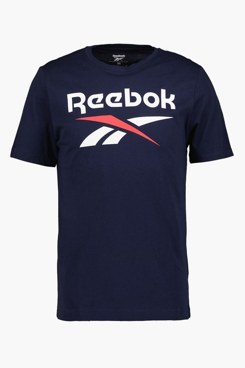 Reebok, Tricou cu logo supradimensionat pentru fitness, Alb/Bleumarin