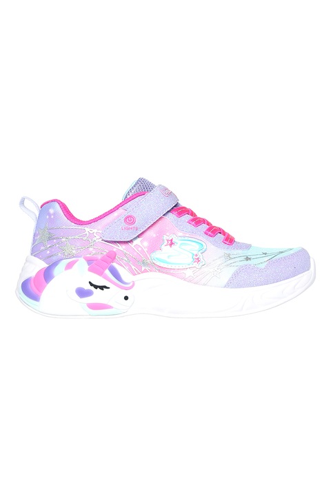 Skechers, Pantofi sport cu velcro, imprimeu si led-uri, Lila/Roz