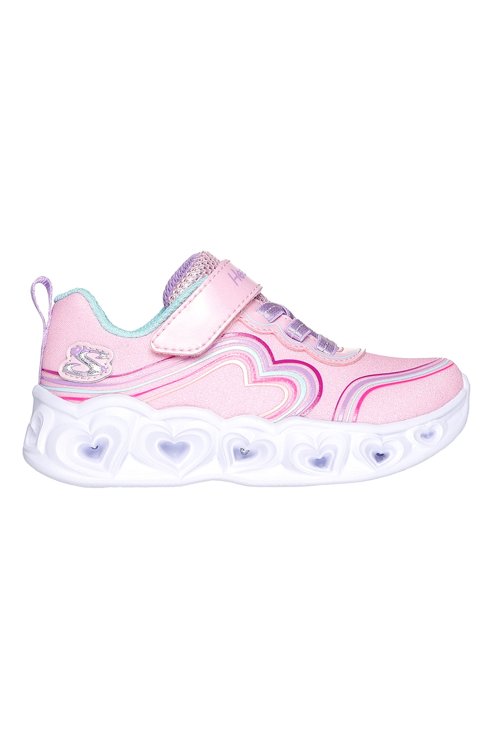 Skechers, Pantofi sport stralucitori su velcro si LED-uri Heart Lights - Retro Hearts, Roz deschis, 21 EU