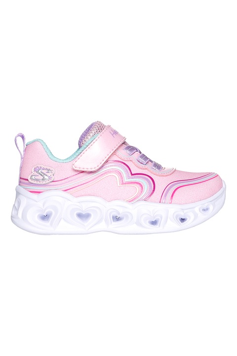 Skechers, Pantofi sport stralucitori su velcro si LED-uri Heart Lights - Retro Hearts, Roz deschis