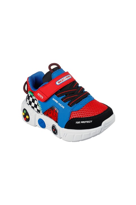 Skechers, Pantofi sport cu inchidere velcro Lil Gametronix, Rosu/Albastru inchis