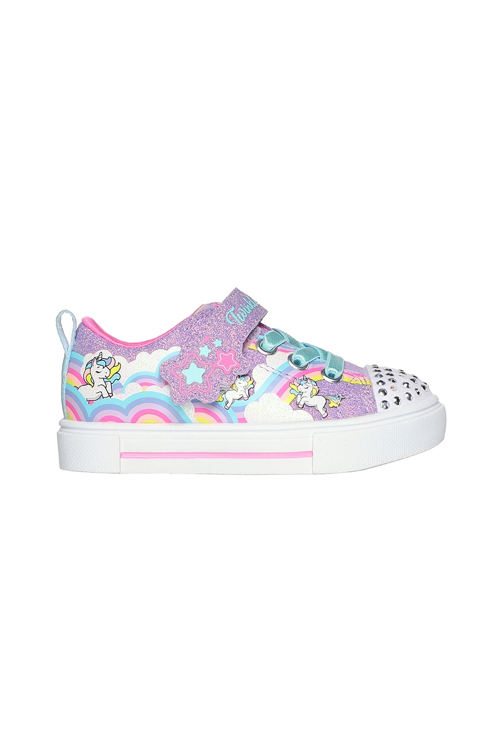 Skechers, Pantofi sport cu inchidere velcro si lumini LED, Galben, Lila, Argintiu, 23 EU