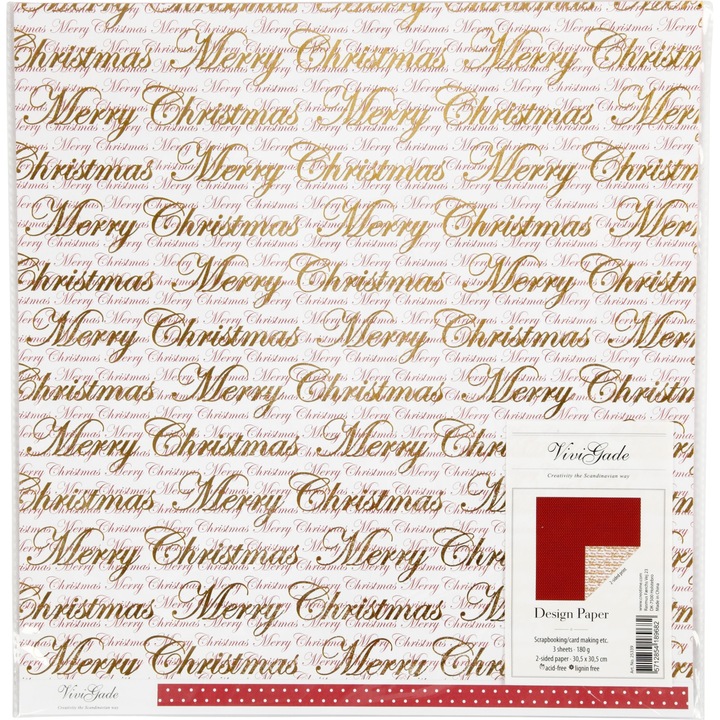 Комплект от 3 листа подаръчна опаковъчна хартия, GDD, Весела Коледа, 30.5x30.5cm, 180 g, Многоцветна