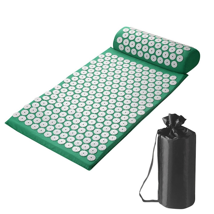 Akupunktúrás szőnyeg és párnakészlet táskával, Yatovur, szivacs/pamut, zöld/fekete