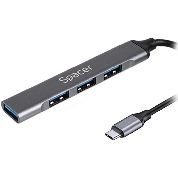Hub extern Spacer, porturi USB:USB 3.0 X 1, USB 2.0 x 3, conectare prin TYPE-C, cablu 1m, aluminiu