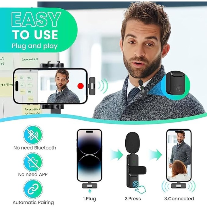 Microfon tip lavaliera, Plug & Play, Cu receptor, Lightning, Dinamic,80mAh,2.4GHz, pentru iPhone/i-Pad, Negru
