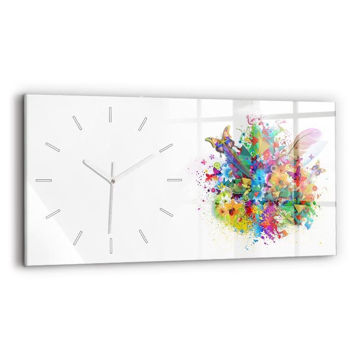Falióra, Wallfluent, üveg, Fehér mutatók, Számok nélkül, Virágok harmóniája pillangóval, Zöld, Téglalap 60x30 cm, 010010500030100270968