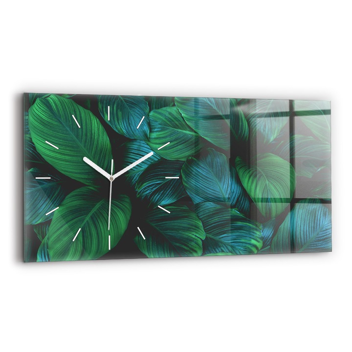 Falióra, Wallfluent, üveg, Fehér mutatók, Számok nélkül, Természetes levelek, Zöld, Téglalap 60x30 cm, 010010500030100167589