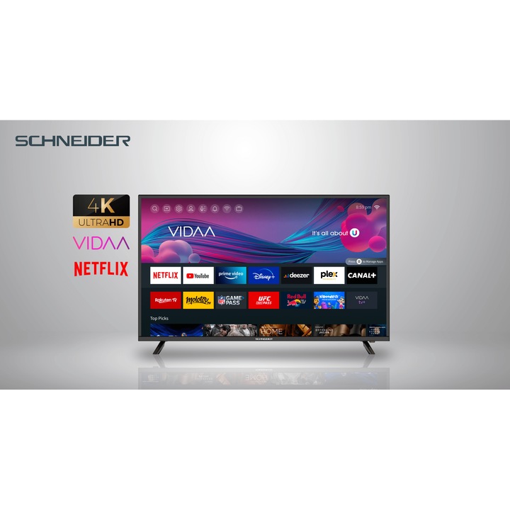 Smart TV SCHNEIDER Ultra HD 4K 50SC690K, 127 cm, VIDAA OS rendszer, fekete, F osztály