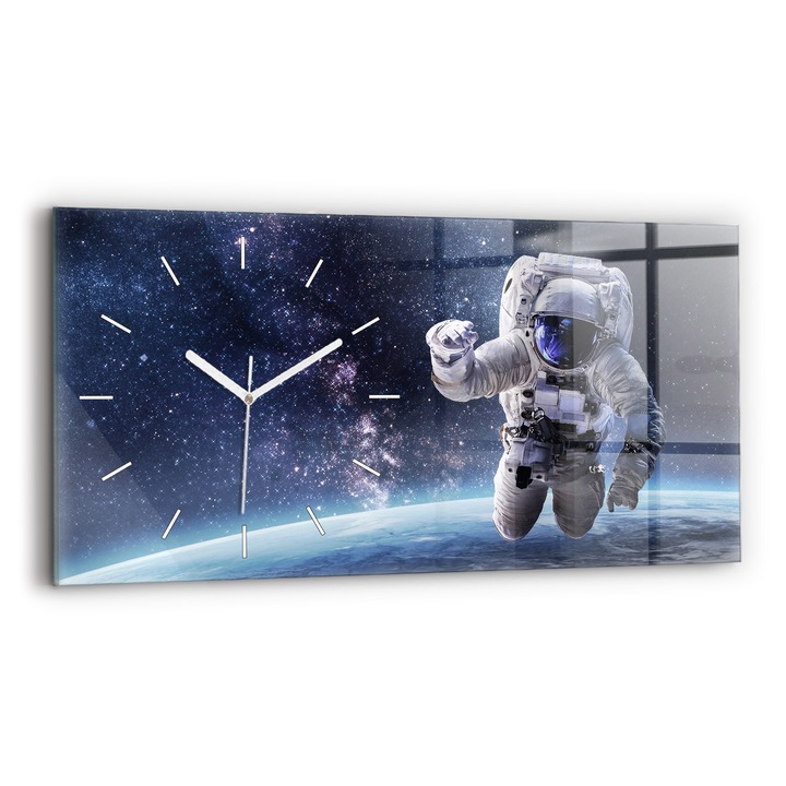 Ceas de perete, Wallfluent, de sticla, Mainile albe, Fara cifre, Astronaut, Multicolor, Dreptunghi 60x30 cm, 010010500030100270930