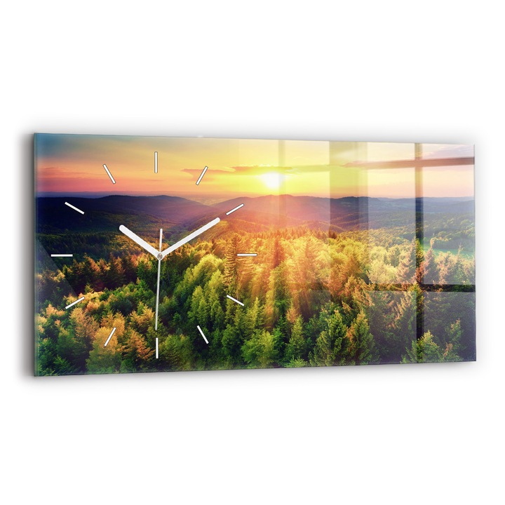 Falióra, Wallfluent, üveg, fehér mutatók, számok nélkül, naplemente a dombok felett, zöld, téglalap 60x30 cm, 010010500030100270946