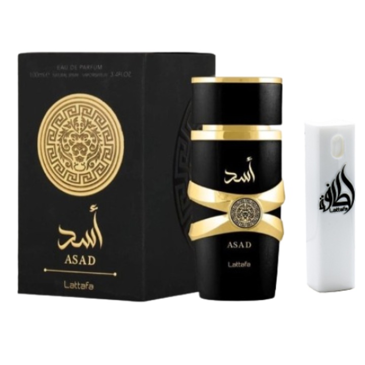 Set Apa de parfum Lattafa Asad, 100 ml, de barbat cu Kit Travel Reincarcabil 10 ml