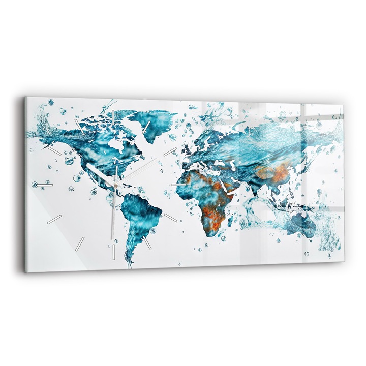 Falióra, Wallfluent, üveg, Fehér mutatók, Nincsenek számok, Világ víztérkép, Türkiz, Téglalap 60x30 cm, 010010500030100271571