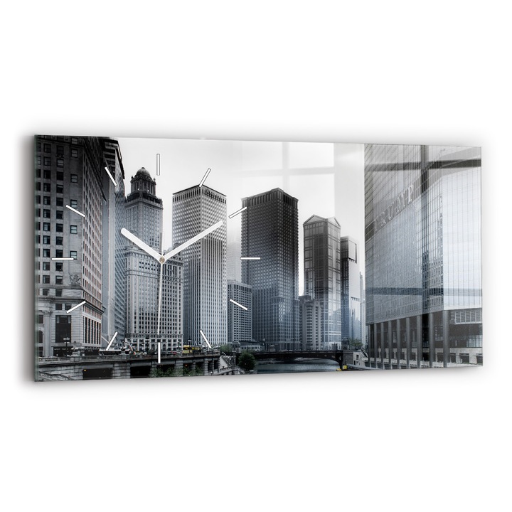 Falióra, Wallfluent, üveg, Fehér mutatók, Számok nélkül, Łódź városi panorámával, Szürke, Téglalap 60x30 cm, 010010500030100271835