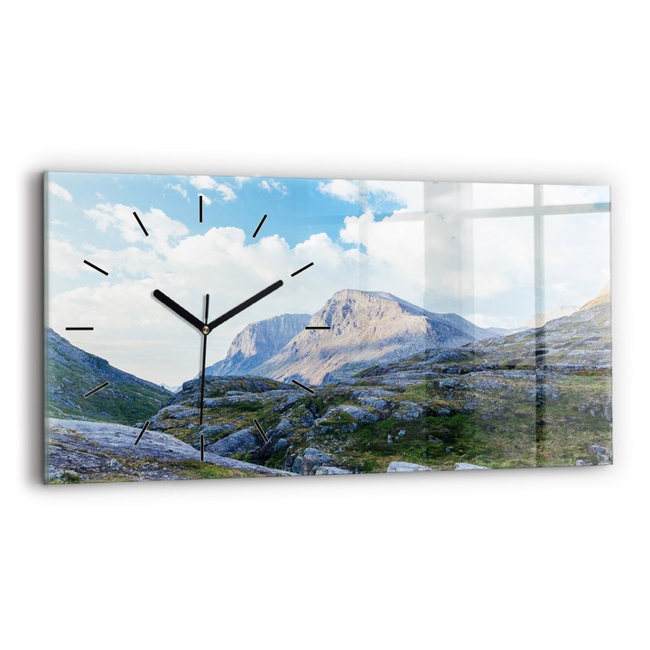 Falióra, Wallfluent, üveg, Fekete mutatók, Nincsenek számok, Sziklás táj, Kék, Téglalap 60x30 cm, 010010500030200267835