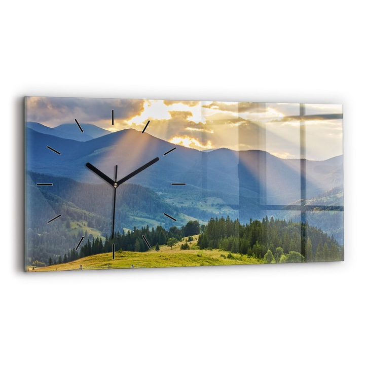 Falióra, Wallfluent, üveg, Fekete mutatók, Nincsenek számok, Erdei táj, Kék, Téglalap 60x30 cm, 010010500030200267461