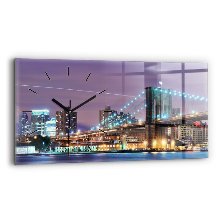 Falióra, Wallfluent, üveg, fekete mutatók, számok nélkül, Brooklyn most és East River, kék, téglalap 60x30 cm, 010010500030200267765