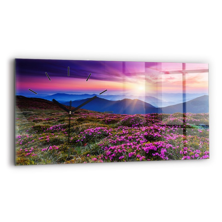 Falióra, Wallfluent, üveg, Fekete mutatók, Nincsenek számok, Napkelte virágok, Többszínű, Téglalap 60x30 cm, 010010500030200267884