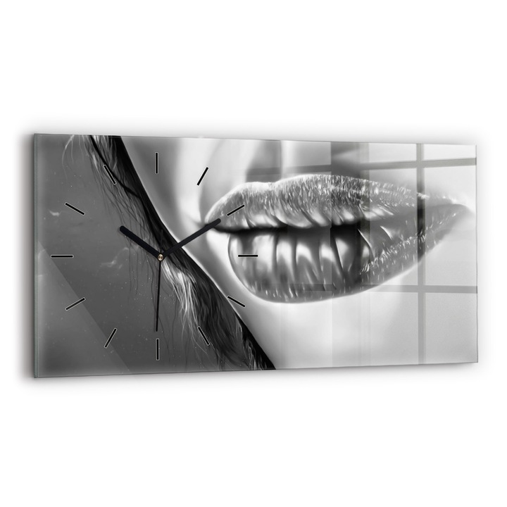 Falióra, Wallfluent, üveg, Fekete mutatók, Számok nélkül, Női száj, Fekete, Téglalap 60x30 cm, 010010500030200267658