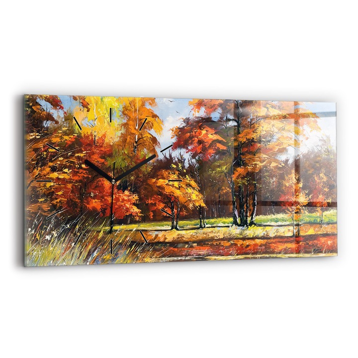 Falióra, Wallfluent, üveg, Fekete mutatók, Számok nélkül, Őszi táj folyóval, Narancs, Téglalap 60x30 cm, 010010500030200245124