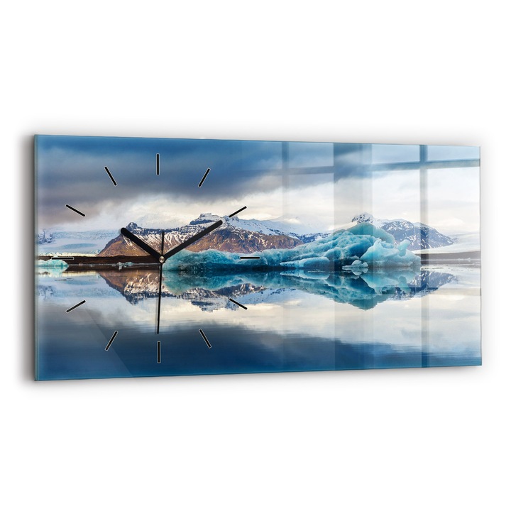Falióra, Wallfluent, üveg, Fekete mutatók, Nincsenek számok, Jokulsarlon Lake Izland, Kék, Téglalap 60x30 cm, 010010500030200266995