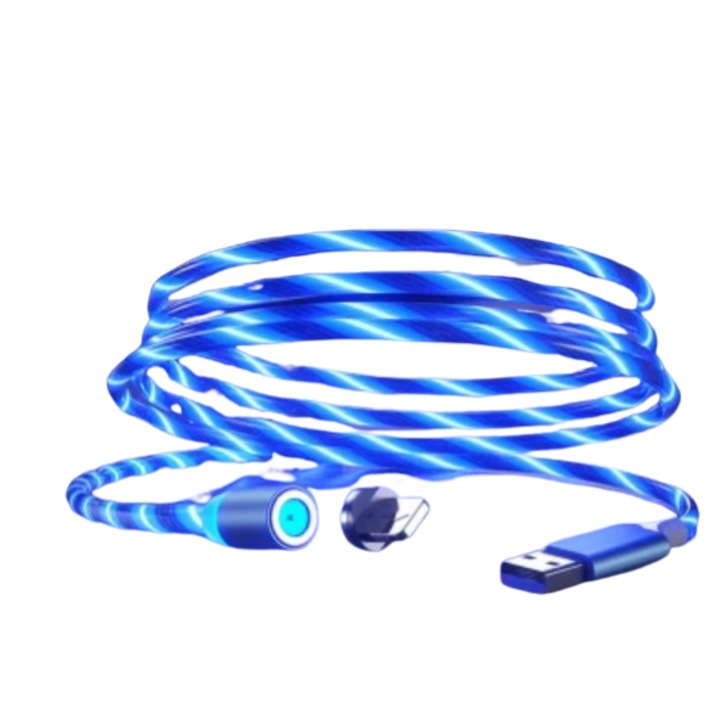 Cablu de date si incarcare rapida VERSAMAG, 3 in 1, cu flux luminos albastru, 2A, 1 m