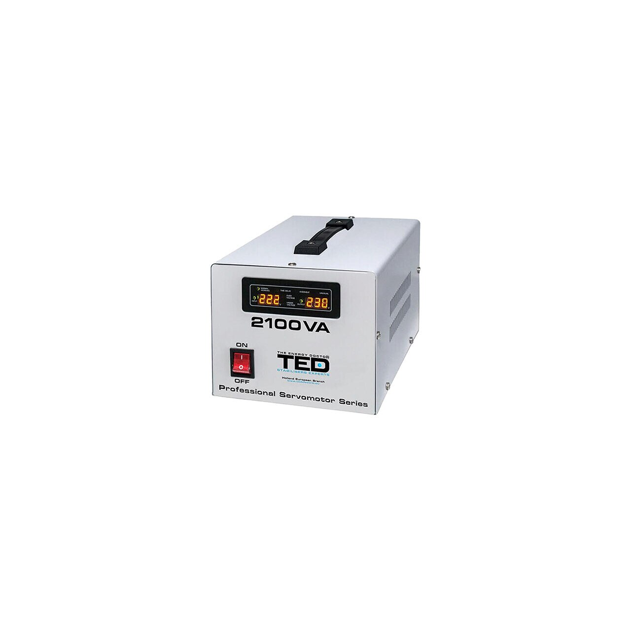 Stabilizator de tensiune servomotor automat, 2100 VA, 140-260V, unda sinusoidala pura, 2 x Schuko, Afisaj LED