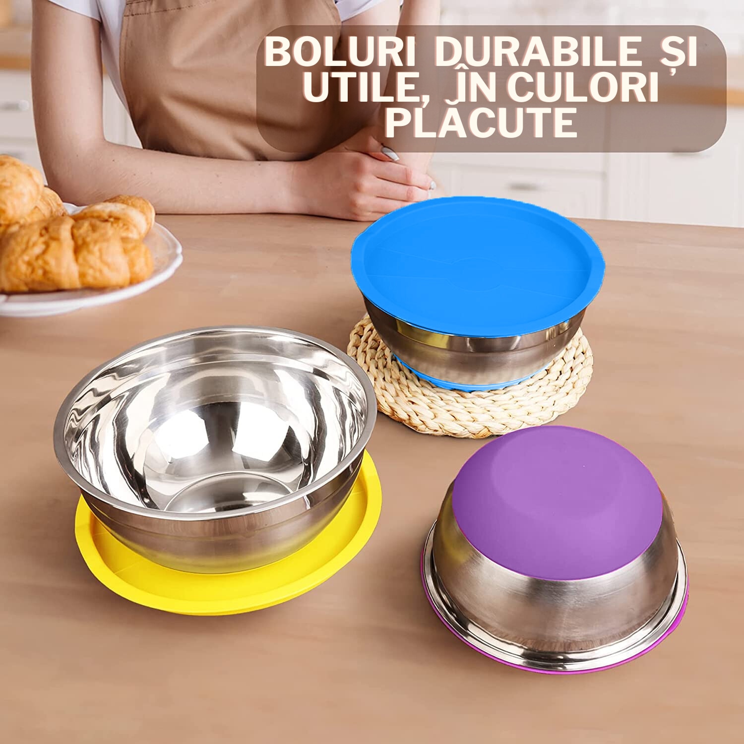 Set 3 Castroane cu Capace Colorate si Coastere, Bukate, Inox, 6 piese ...
