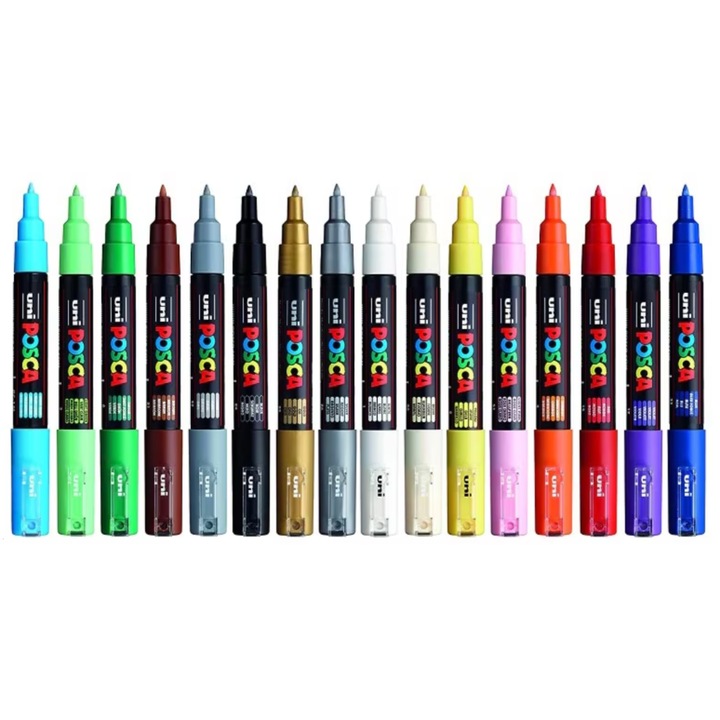 Комплект от 16 маркера POSCA UNI Mitsubishi 1M, 0,7 мм, изключително фин тънък връх, маркери с боя на водна основа